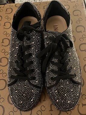 INC International Concepts Black Crystal-Embellished Lace-Up Sneakers